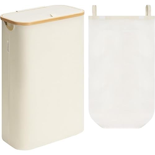StorageWorks 60L Slim Laundry Hamper with Lid, Narrow Laundry Basket with Bamboo Handles and Inner Bag, Skinny Clothes Hamper for Laundry Room, Bathroom, Dorms, Conner, Beige