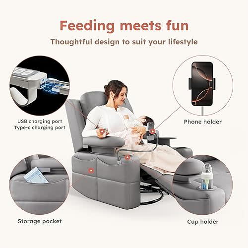 Rocking Chair Nursery with Adjustable Armrests, Electric Glider Recliner Nursing Chair for Breastfeeding, Power Swivel Recliner Chairs with USB Port and Storage, FSC Certified (Haze)