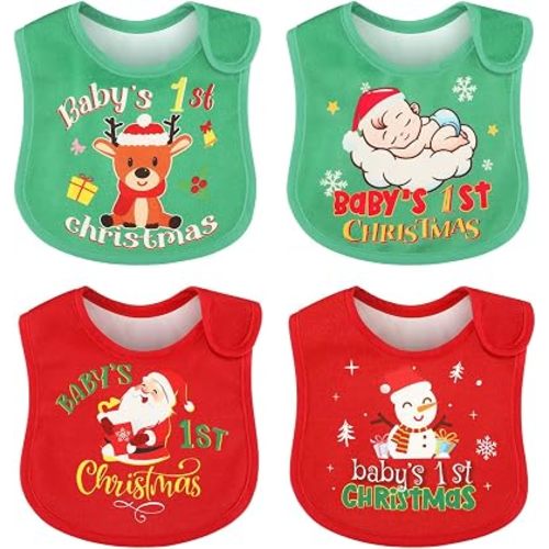 Eurzom Christmas Baby Bib Babies First Christmas Baby Gifts Xmas Newborn Bibs for Baby Girl Boy with Adjustable Closure Baby Drooling Bibs Waterproof for Toddler Infant Unisex, 4 Styles