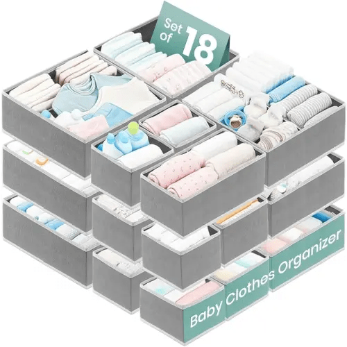 RFAQK 18 Pack Drawer Organizer Clothes-3 Sizes Dresser Organizer for Underwear Closet, Baby Clothes Organizer for Wardrobe-Foldable Fabric Drawer Dividers for Bedroom,Lingerie,Undies,Bra-Grey