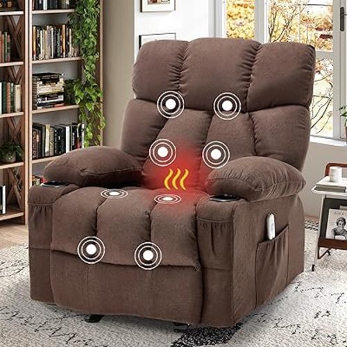 Massage Recliner Chair, Overstuffed Rocker Lazy Boy Chairs with Vibration&Gently Heat,Fabric Ergonomic Manual Nursery Chair for Living Room with Side Pocket, 2 Cup Holders&USB Charge Port, Brown