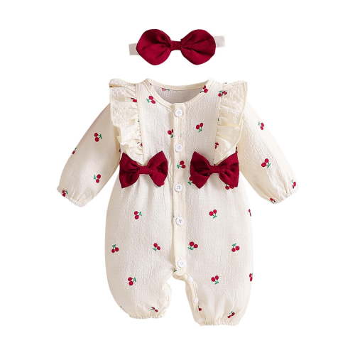 Nilvkv Newborn Girl Clothes, Newborn Onesies Girl, Cherry Print Long Sleeve Ruffle Hem Footed Romper and Headband Set Spring Summer Beige 0-1 Month