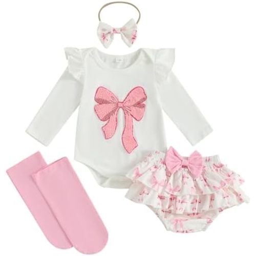 Newborn Baby Girl Clothes Bow Embroidery Ruffle Long Sleeve Romper Bow Bloomers Set Cute Fall Baby Girl Clothes