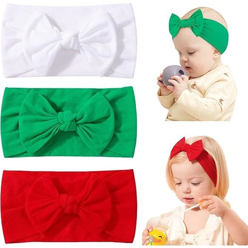 jollybows 3PCS Baby Christmas Bow Headbands Soft Nylon Baby Girl Headbands for Newborn Infant Toddler Kids Cute Bow Wide Hairbands Hair Accessories(White Green Red-Merry Christmas)