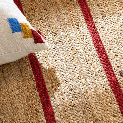 Red Striped Scalloped Jute Rug, Hand-Braided Natural Fiber Area Carpet for Living Room and Entryway