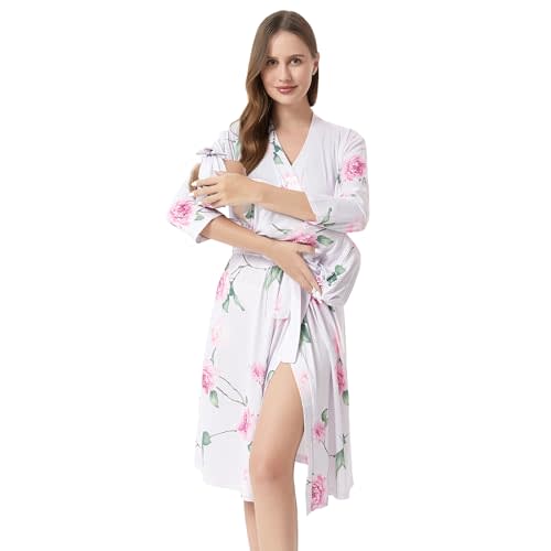 Galabloomer Flower Maternity Robe and Baby Receiving Blanket, Matching Mommy Labor Delivery Robe and Swaddle Set