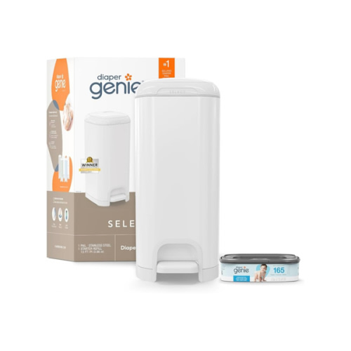 Diaper Genie Select Pail is Made of Durable Stainless Steel and Includes 1 Starter Square Refill That can Hold up to 165 Newborn-Sized Diapers.