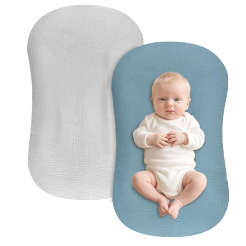 Hooyax Baby Lounger Cover 2 Pack - 100% Muslin Cotton Newborn Lounger Pillow Covers Only, Soft Breathable Infant Lounger Cover with Reinforced Stitching, Fits Most Standard Baby Loungers (Blue Grey)