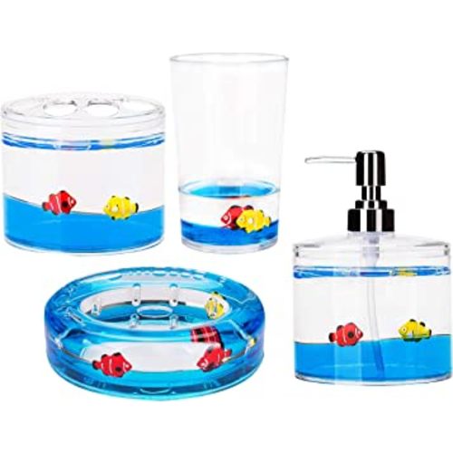 Locco Decor 4 Piece Acrylic Liquid 4D Floating Motion Bathroom Vanity Accessory Set Garden Theme Leaf Toothbrush Holder, Tumbler, Soap Dispenser, Soap Dish