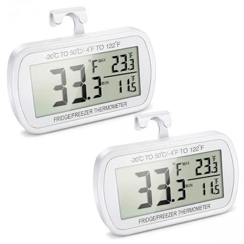 Waterproof Refrigerator Fridge Thermometer, Digital Freezer Room Thermometer, Max/Min Record Function Large LCD Screen and Magnetic Back for Kitchen, Home, Restaurants (2 Pack)