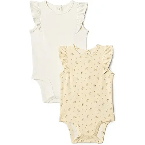 Amazon Essentials x Sofia Grainge Baby Girls' Cotton Ruffle Sleeve Bodysuit with Embroidered Detail, Pack of 2