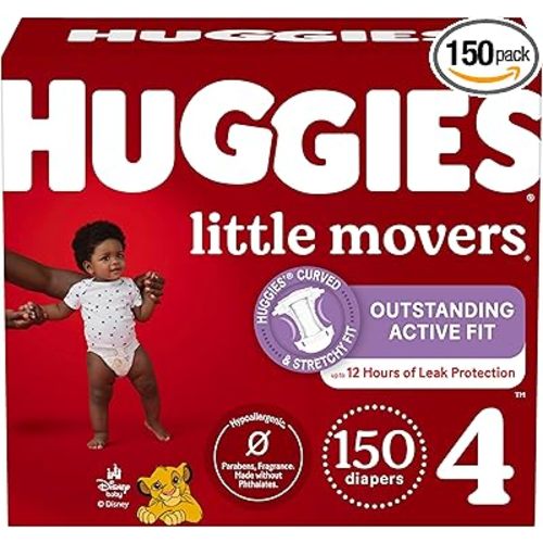Huggies Size 4 Diapers, Little Movers Baby Diapers, Size 4 (22-37 lbs), 150 Count (6 Packs of 25), Packaging May Vary