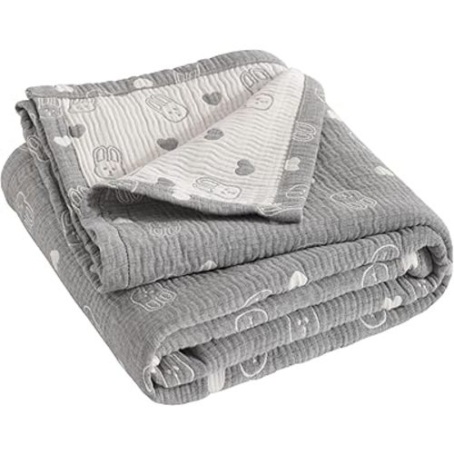 NTBAY 3 Layer Oversized Muslin Cotton Toddler Blanket, Jacquard Reversible Nursery Bed Blanket, Super Soft and Thermal for All Seasons, Baby Gift, 45"x60", Dark Grey Rabbit