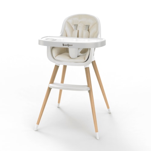Babilous Baby High Chair, Wooden Highchair with Removable Tray, Adjustable Legs, Cushion, 5-Point Harness and Footrest for Infants, Baby, Toddlers, Cream