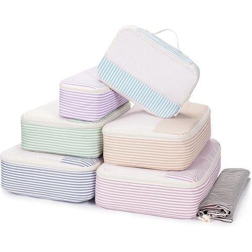 Narwey 7 Set Striped Packing Cubes for Travel Carry on Suitcase Luggage Organizer Bags for Kids Women Men, Durable Packing Organizers Bag, Travel Essentials Accessories (Stripe Combined)