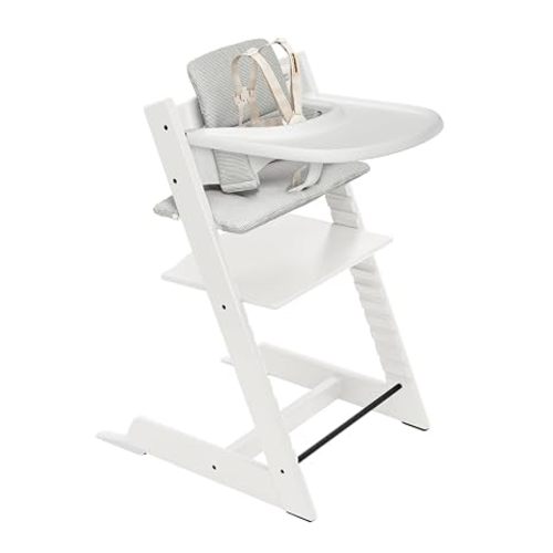 Stokke Tripp Trapp High Chair 2 (White), Cushion 2 (Nordic Grey) + Stokke Tray (White) - Includes Chair + Baby Set with Removable Harness for Children 6-36 Months