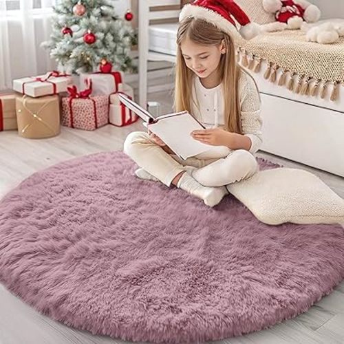 OLANLY Blush Round Rugs for Bedroom - Machine Washable, 4 ft Circle Area Rugs for Living Room, Soft and Fluffy Shaggy Carpet for Teen Girls and Boys, Nursery Rooms, Dorms, Home Decor Aesthetic