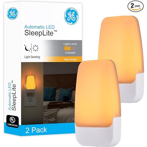 GE Sleeplite Night Lights Plug Into Wall, Dusk to Dawn Sensor, Ambient Lighting, Sleep Aid, Bathroom Décor, LED Lights for Bedroom, Apartment Essentials, Smart Home ,76135, Amber, 2 Pack