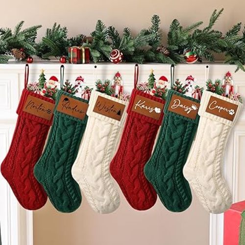 ELEGANTPARK Personalized Christmas Stockings 1 Pack Knit Christmas Stockings with Leatherette Name Tag Engraved Custom Red Xmas Decoration for Fireplace Hanging Holiday Decoration for Family Kids