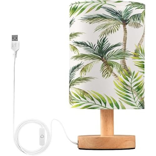 Tropical Palm Tree Bedside Table Lamp for Bedroom Nightstand, Small Eye Care LED Desk Reading Lamp USB Port Wood Base Round Flaxen Fabric Shade for for Kids Room Living Room Office Desk
