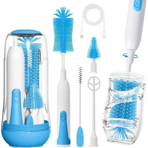 Rechargeable Electric Bottlewasher Kit for New Moms, BPA Free Silicone Brush with 360° Rotation, Includes Drying Drainage Rack & Portable Travel Case, Sky Blue, Extended Runtime, High-Quality Motor, Two Speeds - TikTok Shop