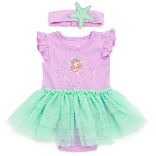 Disney Princess Ariel Newborn Baby Girls Cosplay Bodysuit With Skirt Overlay & Headband Outfit Set Lilac / Soft Teal 3-6 Months