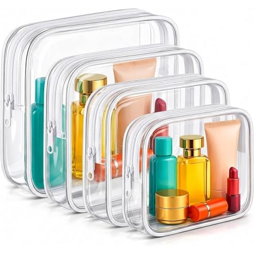 Clear Makeup Bag 4 Pack, TSA Approved Toiletry Bag for Women, Waterproof PVC Cosmetic Pouch Travel Organizer, Clear Bags for Diaper Bag Organizer Purse, Portable Zipper Pouch Set (L+M+M+S) white