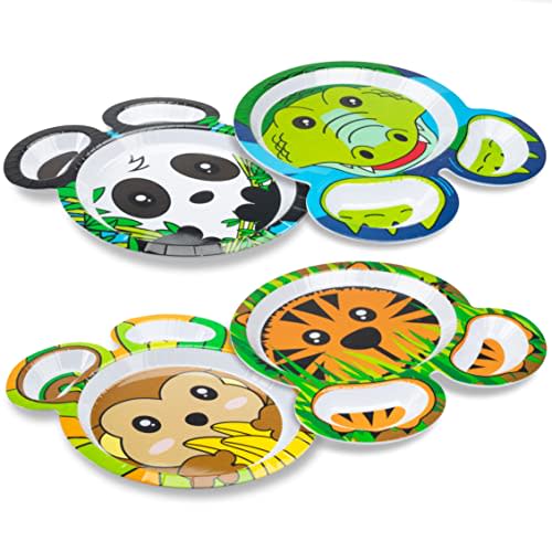 Bentology Zoo Friends Mealtime Melamine Feeding Plates - Set of 4 Different Cute Animal Pal Dishes for Kids - Panda, Alligator, Tiger & Monkey - Divided Compartments, BPA Free - Gift for Toddlers