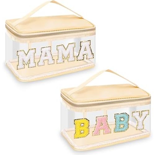 2 Pcs Chenille Letter Clear Makeup Bags Mama Baby Pouch, Preppy Patch Makeup Bag Mama Baby Hospital Duffle Bag Zipper with Handle, Travel Baby Toiletry Bag Nylon Cosmetic Handbag for Women(MAMA+BABY)