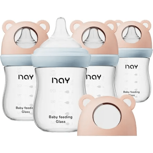 Natural Glass Baby Bottle for Breastfeeding Babies, 5.4oz Anti-Colic Baby Bottle with Natural Response Nipple(S), Clear, Wide Neck, 4 Pack, 1 Months+