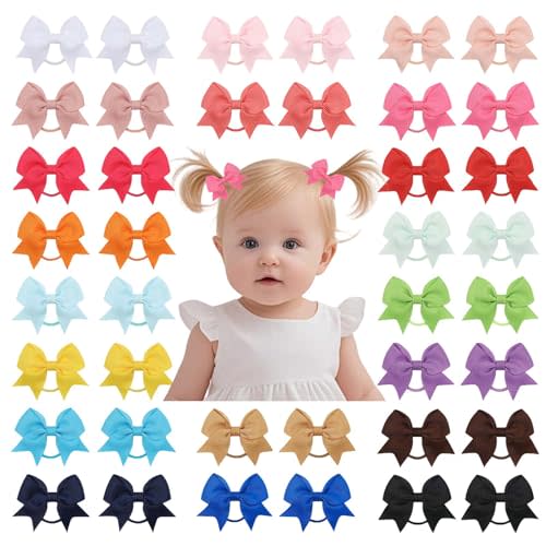 40Pcs Baby Hair Ties with Bows Elastic Ponytail Holders Small Hair Accessories for Kids Toddlers Infants (Mixed color 3)