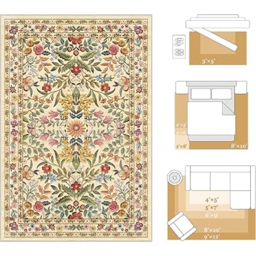 Beauoop 8x10 Floral Washable Beige Neutral Vintage Area Rug for Living Room