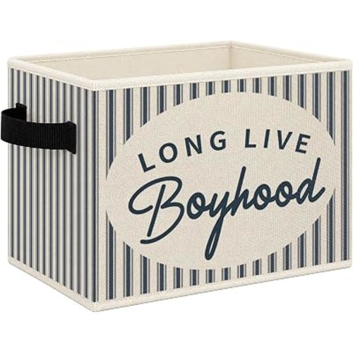 Boys Room Foldable Storage Bins Box with Handles, Long Live Boyhood Retro Blue Striped Collapsible Toys Books Clothes Organizer Basket for Kids Boys Nursery Room Playroom Bedroom Bathroom