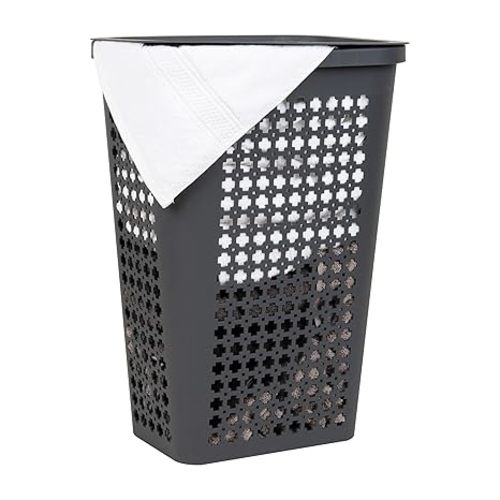 Mind Reader Slim Tapered Laundry Hamper with Lid, Clothes Basket with Swiss Cross Cut-Outs, Lightweight & Ventilated, Plastic, 16.75"L x 12.75"W x 23"H, Gray
