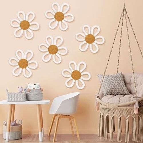Zeyune 6 Pcs Boho Nursery Daisy Flower Wall Art Decor Woven Macrame Wall Pediments Boho Daisy Floral Nursery Art Decor for Home Bedroom Decorations(White,Yarn and Cotton Rope)