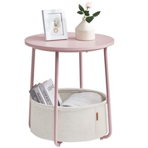 Small Round Side End Table, Modern Nightstand with Fabric Basket Jelly Pink and Cream White