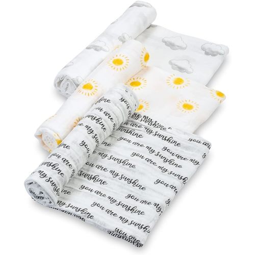 LollyBanks Muslin Swaddle Blankets for Boys and Girls, 100% Cotton 47 x 47 Inches Soft Swaddles for Newborns, Breathable and Lightweight Baby Blanket, Baby Essentials, Registry (Sun and Cloud 3 Pack)
