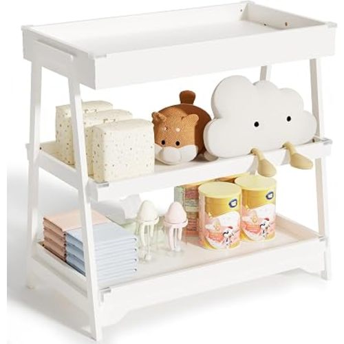 KORIMEFA Baby Changing Table with Two Open Shelves for Infant Daycare Essentials Storage - White with White Legs