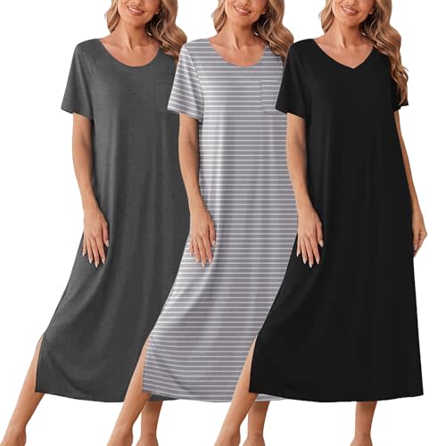 Ekouaer Long Nightgowns for Women 3 Pack Night Gown Short Sleeve House Dress V Neck Lounge Dress Plus Size Sleep Shirts