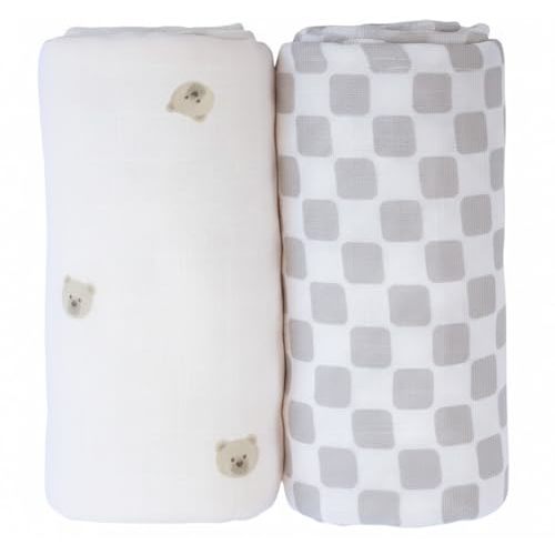 Muslin Swaddle Blankets - Set of 2 Gender Neutral Patterns- Large 47"x47",Organic Cotton & Viscose from Bamboo, Extra Soft Newborn Swaddles, Baby Shower for Boys & Girls (Checkered Tan & Bears)