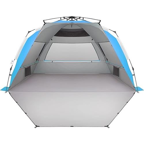 Oileus XX-Large Beach Tent Sun Shelter for 5-6 Person Portable Sun Shade Instant Pop Up Tent for Beach with Carrying Bag, Stakes, 6 Sand Pockets, Anti UV for Fishing Hiking Camping Blue