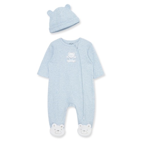 Blue Bear Embroidered Cotton Rib Footie & Hat Set