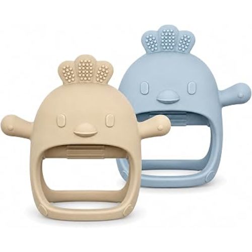 2 Pack Baby Teething Mitten, Silicone Teether for Babies 0-12 Months, Anti-Drop Adjustable Wrist Hand Teether, Cute Chick Self-Soothing Baby Chew Toys for Sucking Needs, BPA Free