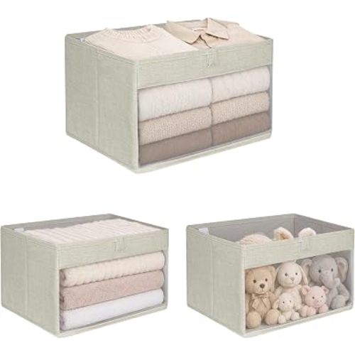 WUIKE Closet Storage Bins, Clear Window, Linen Beige, Large, 3-Pack