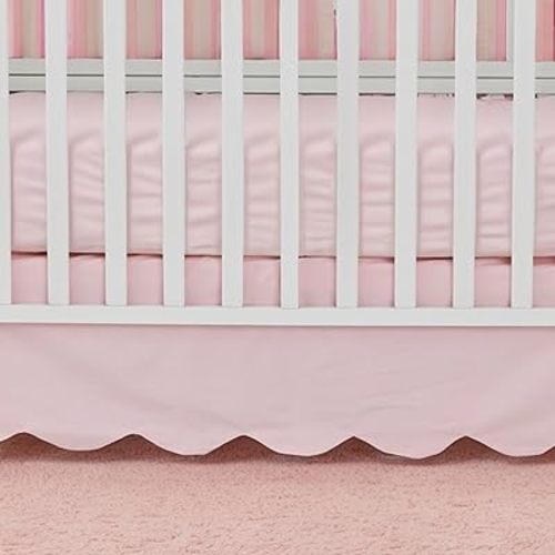 Brandream Scallop Edge Cotton Crib Skirt, Baby Boy, Baby Girl, Gender Neutral Crib Skirt Toddler Bedskirt Farmhouse Chic Nursery Crib Bed Skirt, Boho Bohemian Solid Pink