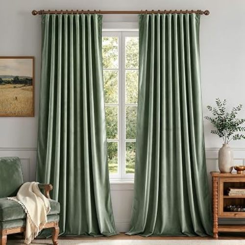 MIULEE Sage Green Velvet Pinch Pleat Blackout Curtains W52 X L84 Inches