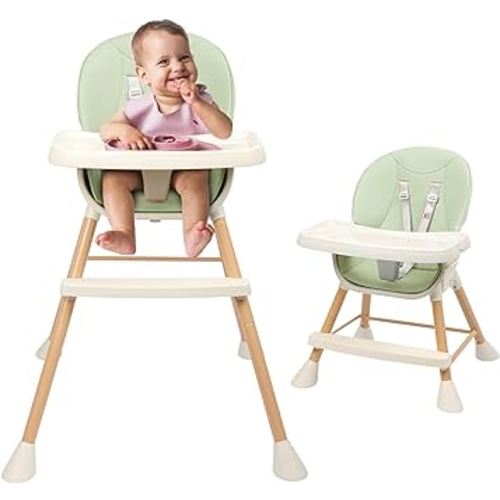 6-in-1 Baby High Chair, Convertible High Chairs for Babies and Toddlers, Infant Feeding Highchair with Cushion, 5-Point Harness, Footrest, Removable Tray, and Adjustable Legs, Green