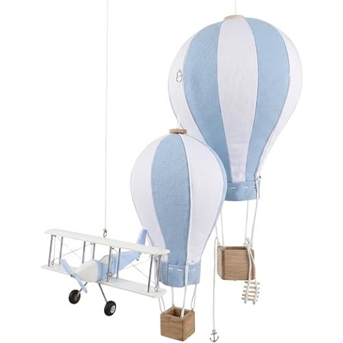 Fabric Hot Air Balloon and Wooden Airplane, Baby Baby Hanging Decor Set, 3 Piece Aviation Theme Room Decoration for Nursery