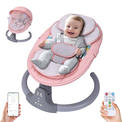 HDJ Baby Swing for Infants, Portable Electric Rocker, 5 Sway Speeds, Bluetooth, Pink