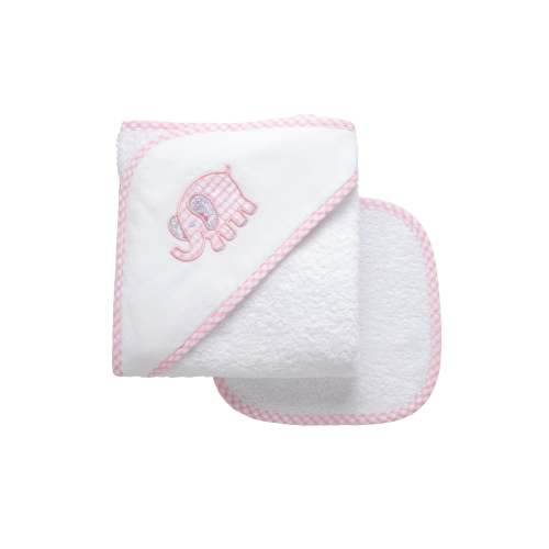 Elephant Applique Hooded Towel & Washcloth Set, Pink